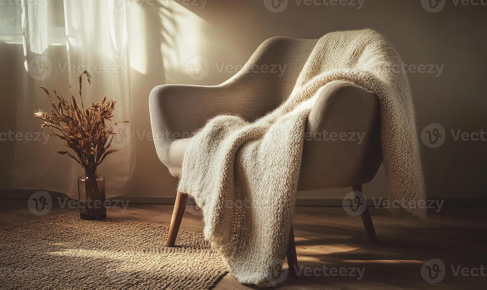 A white chair with a white blanket draped over it sits in a room with a window photo