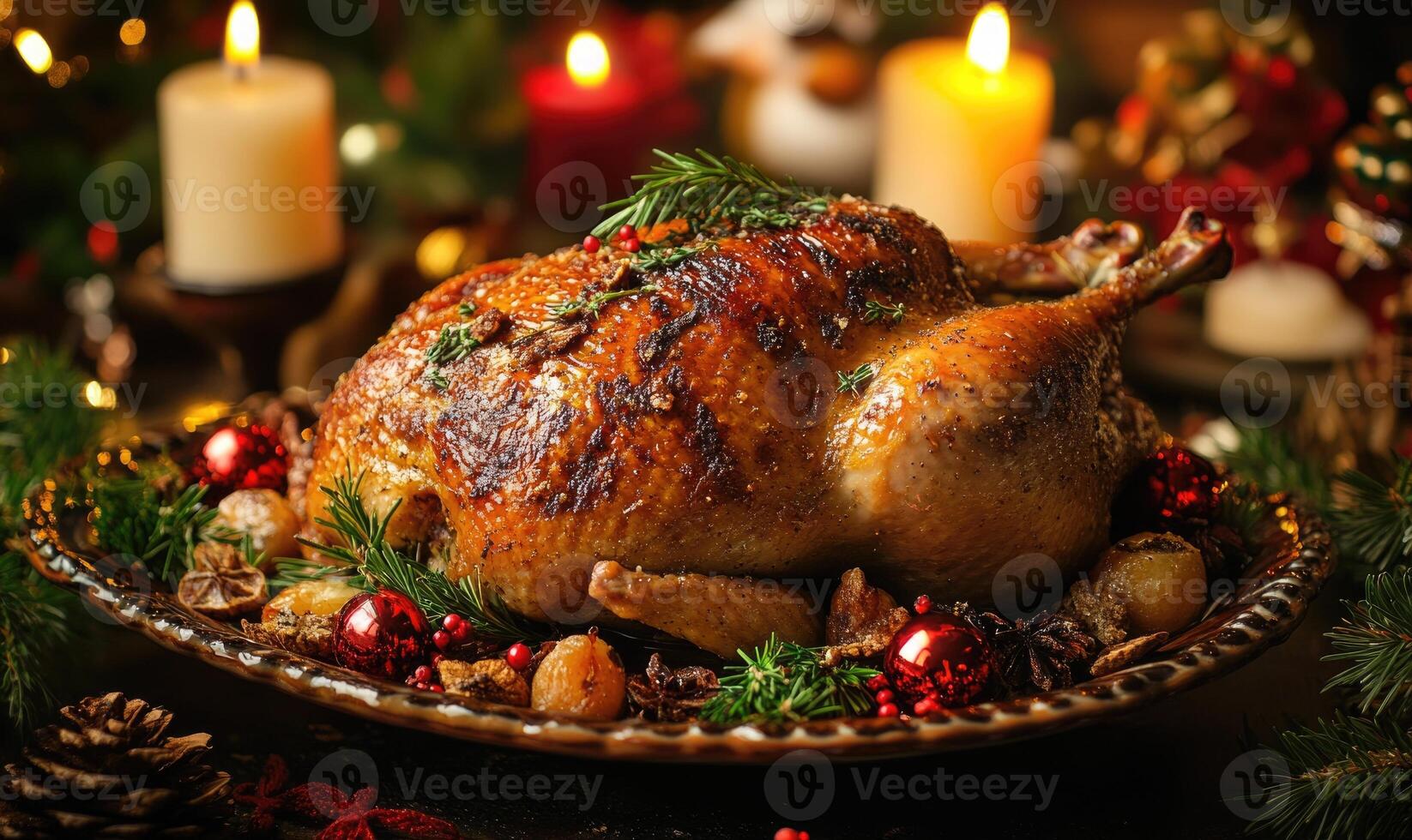 A roasted chicken is served on a plate with a festive atmosphere photo