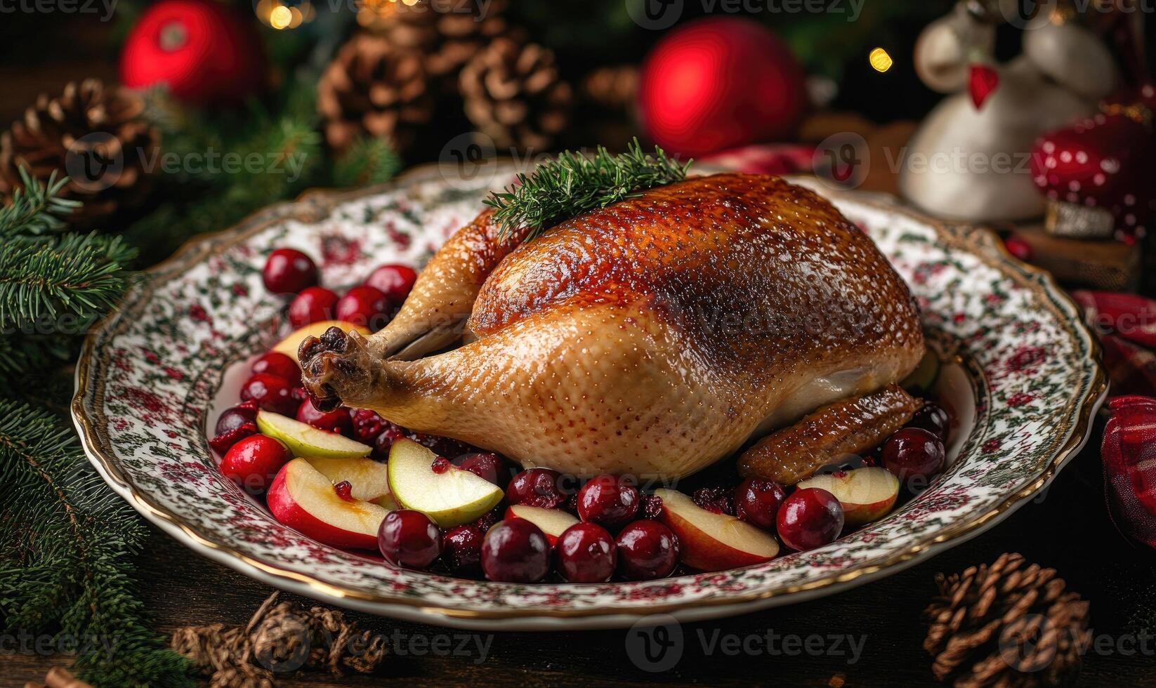 A large roasted chicken is served on a white plate with cranberries and apples photo
