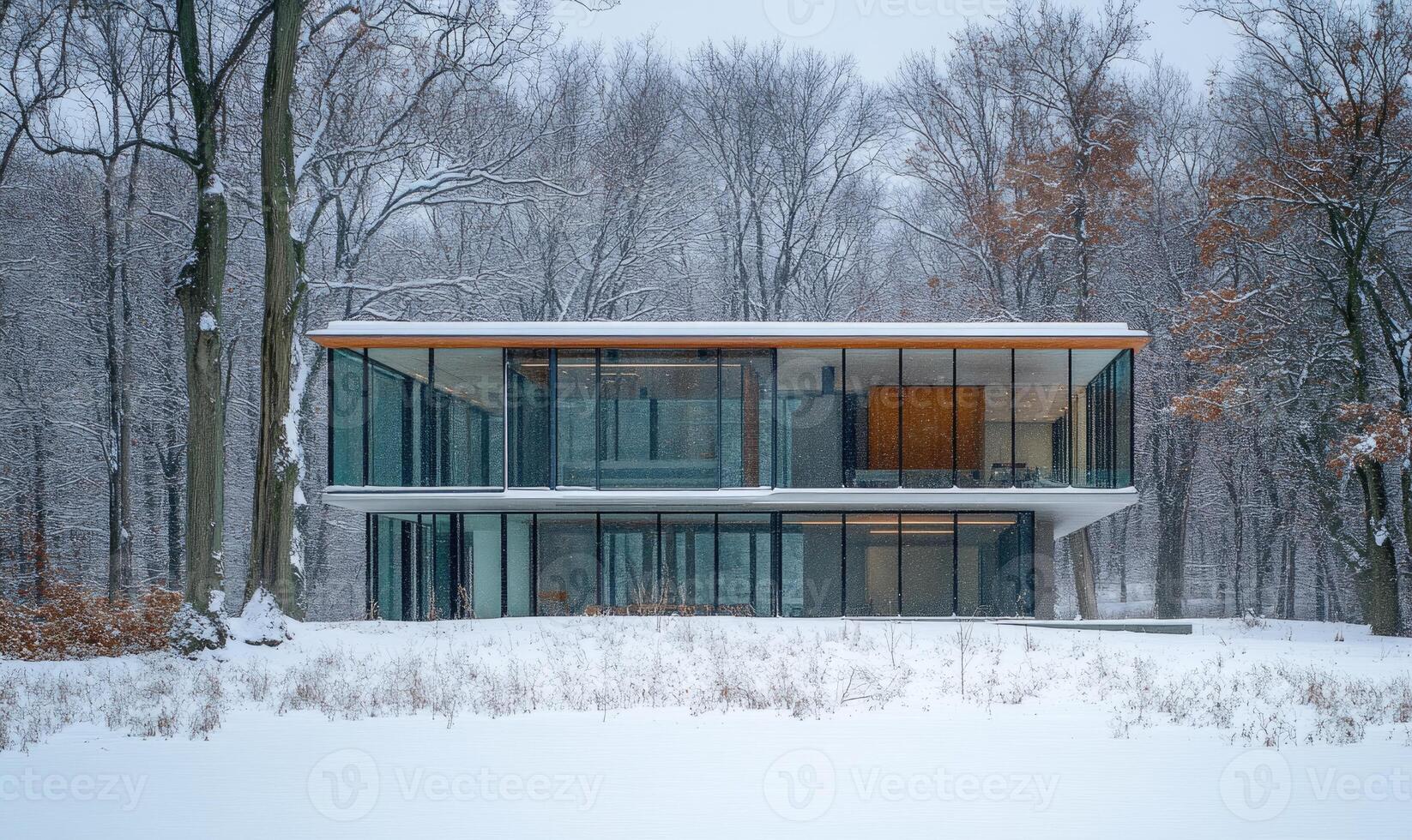 A large glass house is surrounded by snow and trees photo