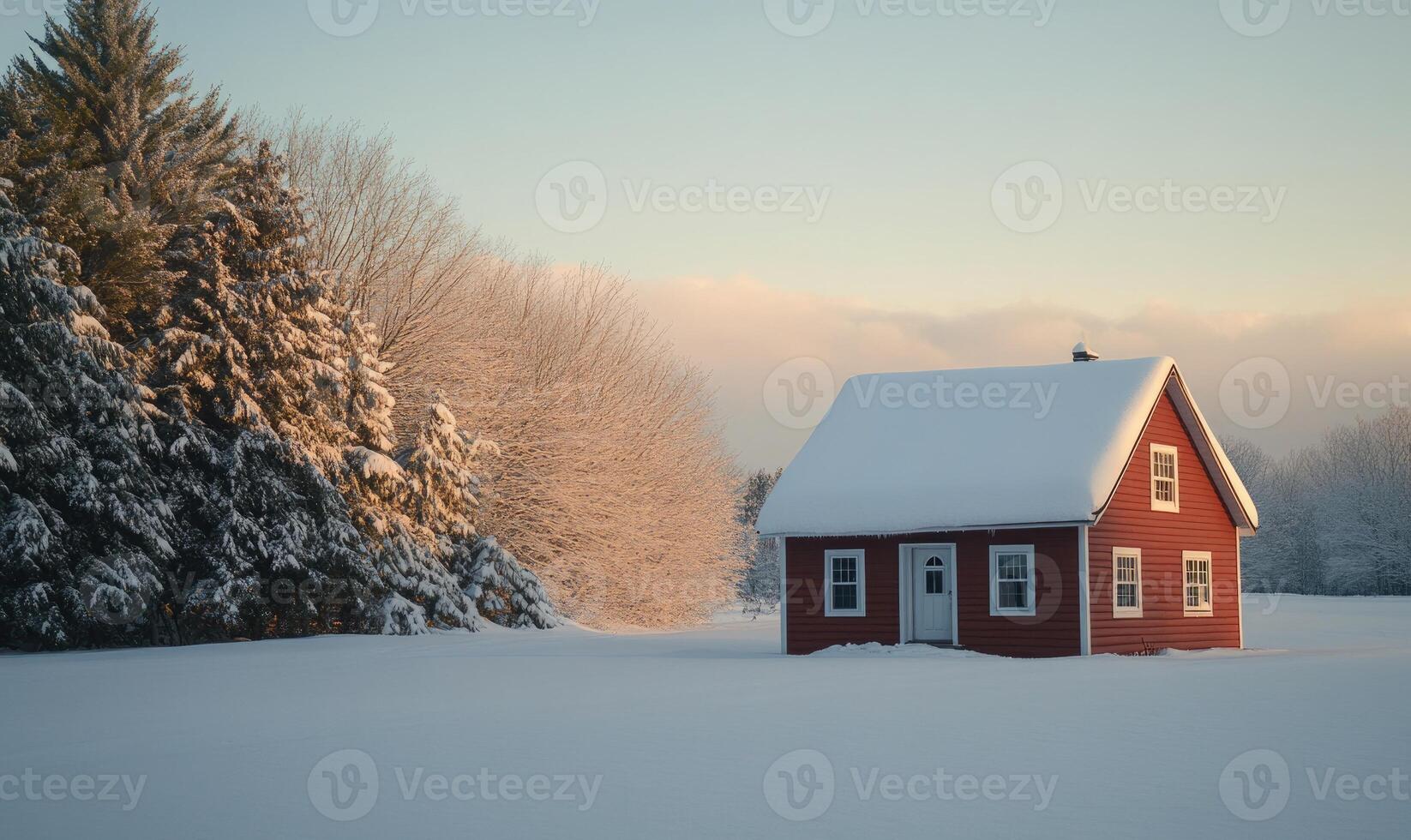 A red house with a white roof sits in a snowy field photo