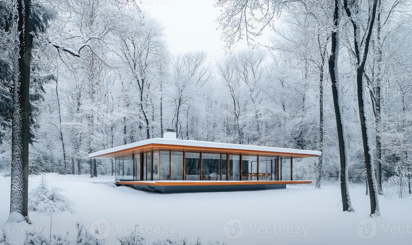A large house with a porch and a fireplace sits in a snowy forest photo