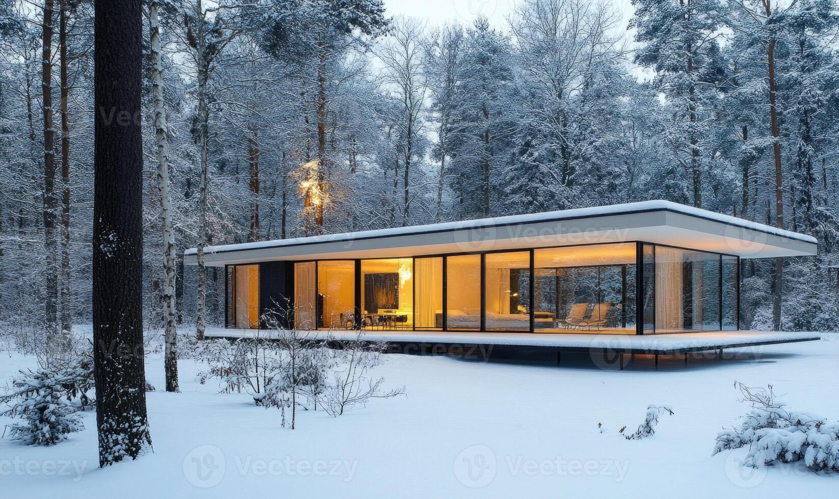 A large, modern home with a glass roof sits in a snowy forest photo