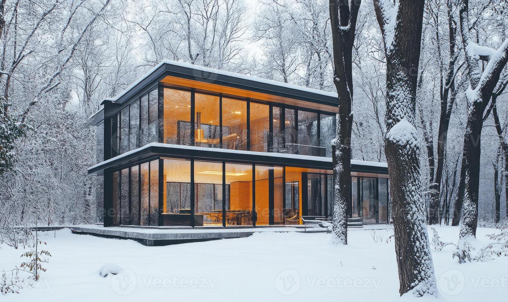A large, modern house with a glass facade sits in a snowy forest photo