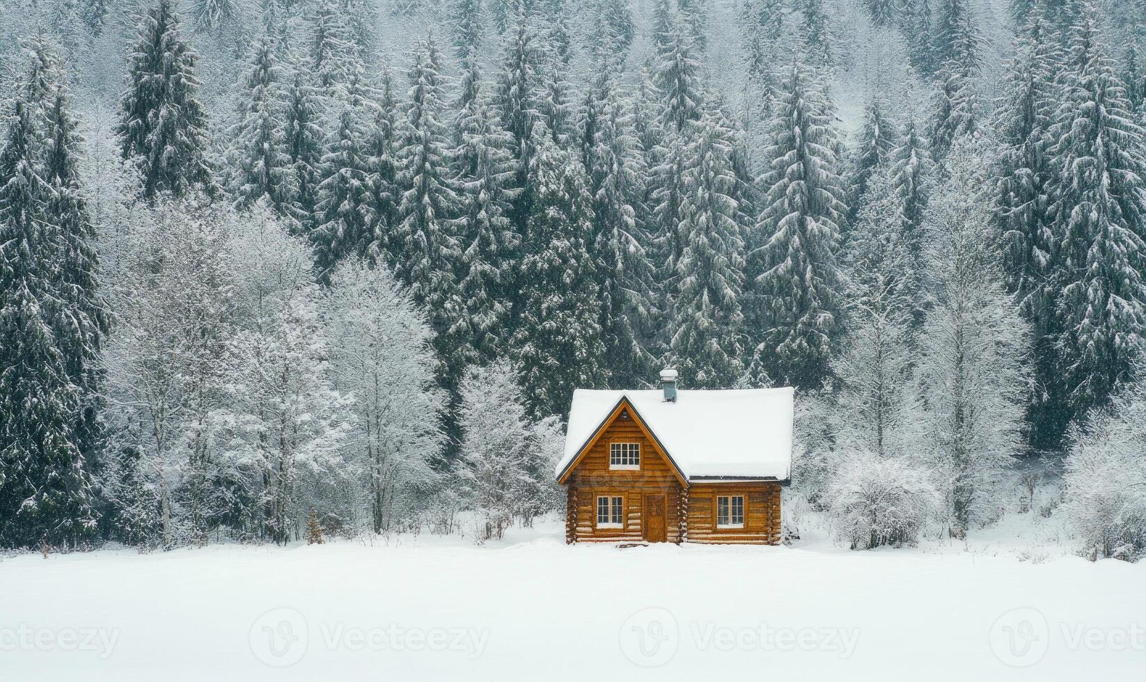 A small cabin is surrounded by trees covered in snow photo