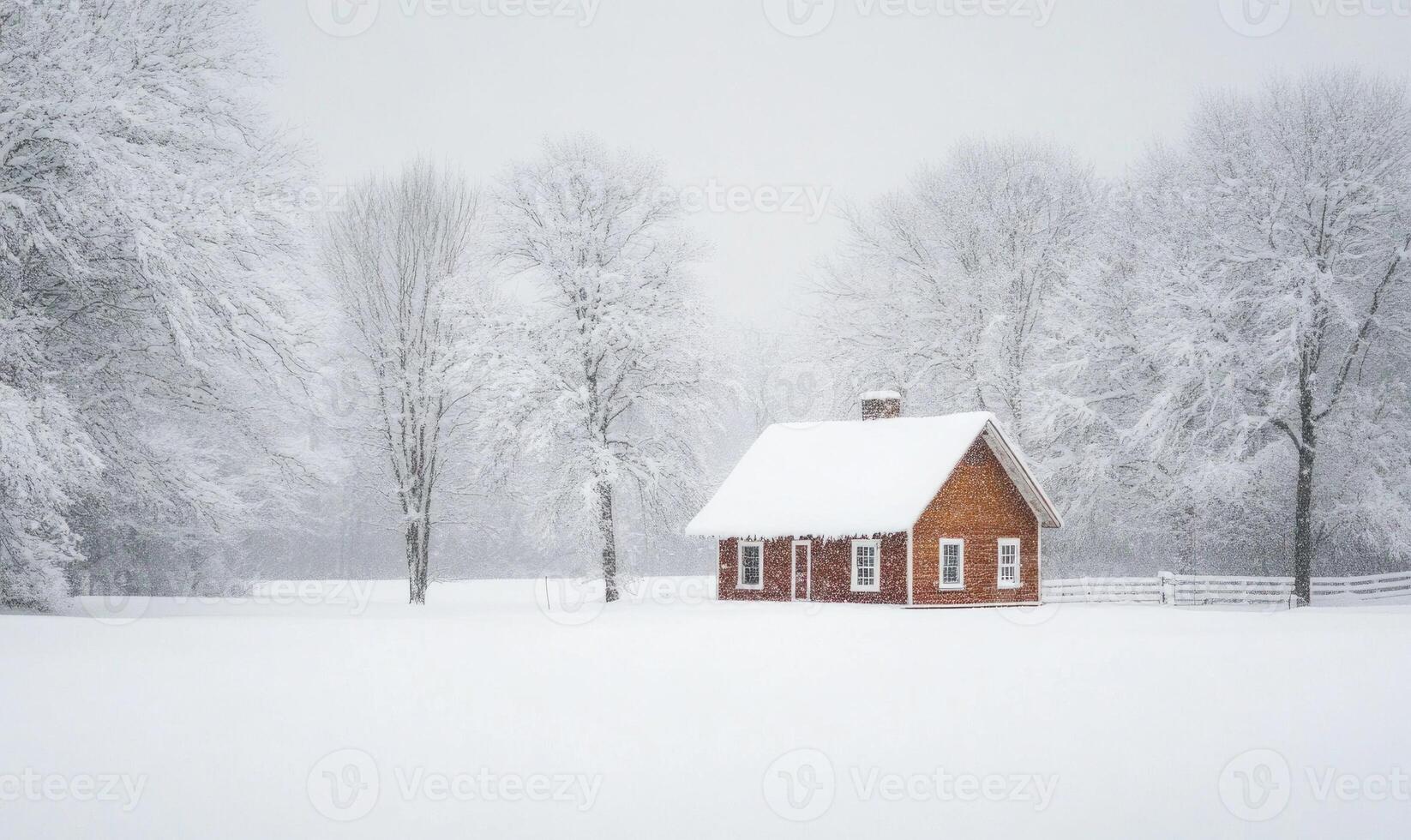 A small red house sits in a snow-covered field photo