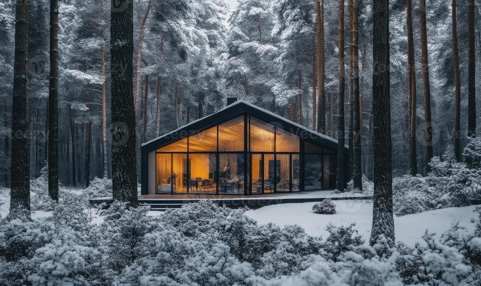 A cozy cabin in the woods with a fireplace and a view of the snow-covered trees photo