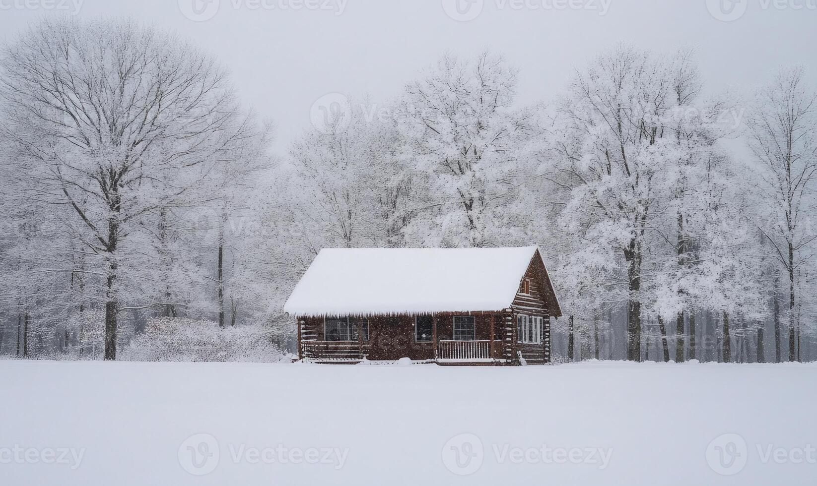 A small cabin is covered in snow and sits in a field photo