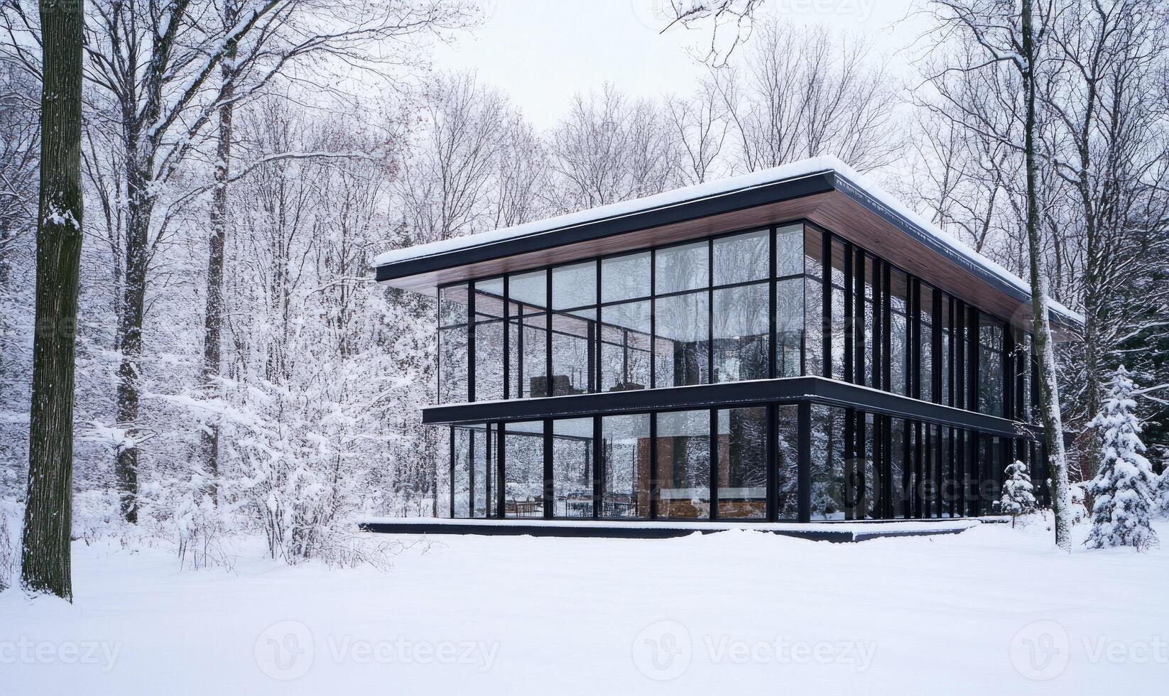 A large, modern house with a lot of glass windows sits in a snowy field photo