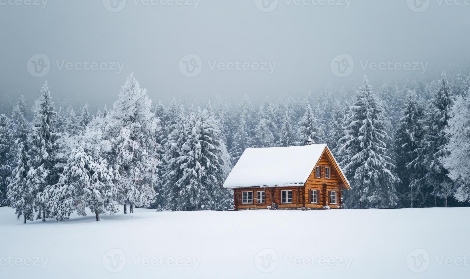 A small cabin is surrounded by trees and snow photo