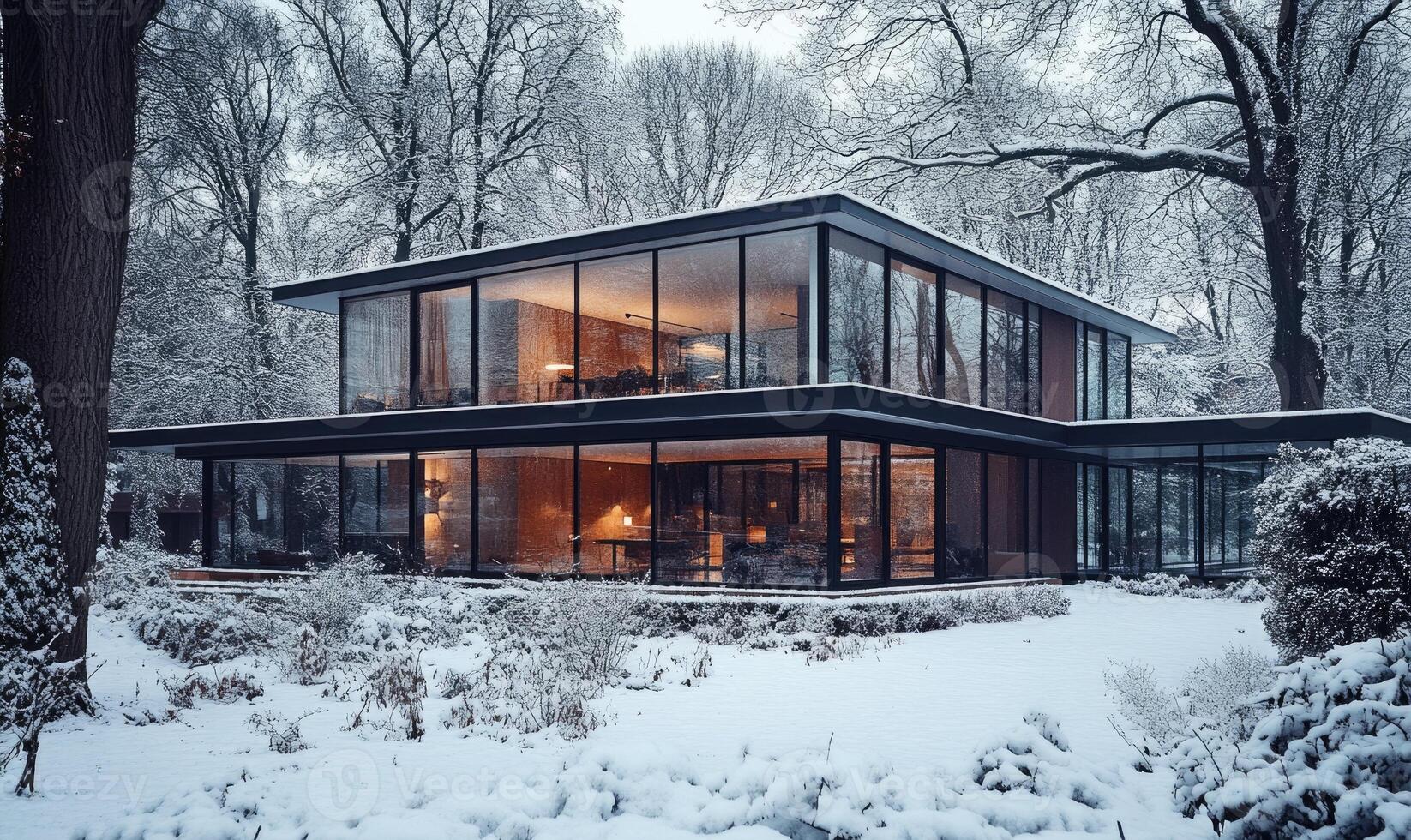 A large house with a lot of glass windows and a snow covered yard photo