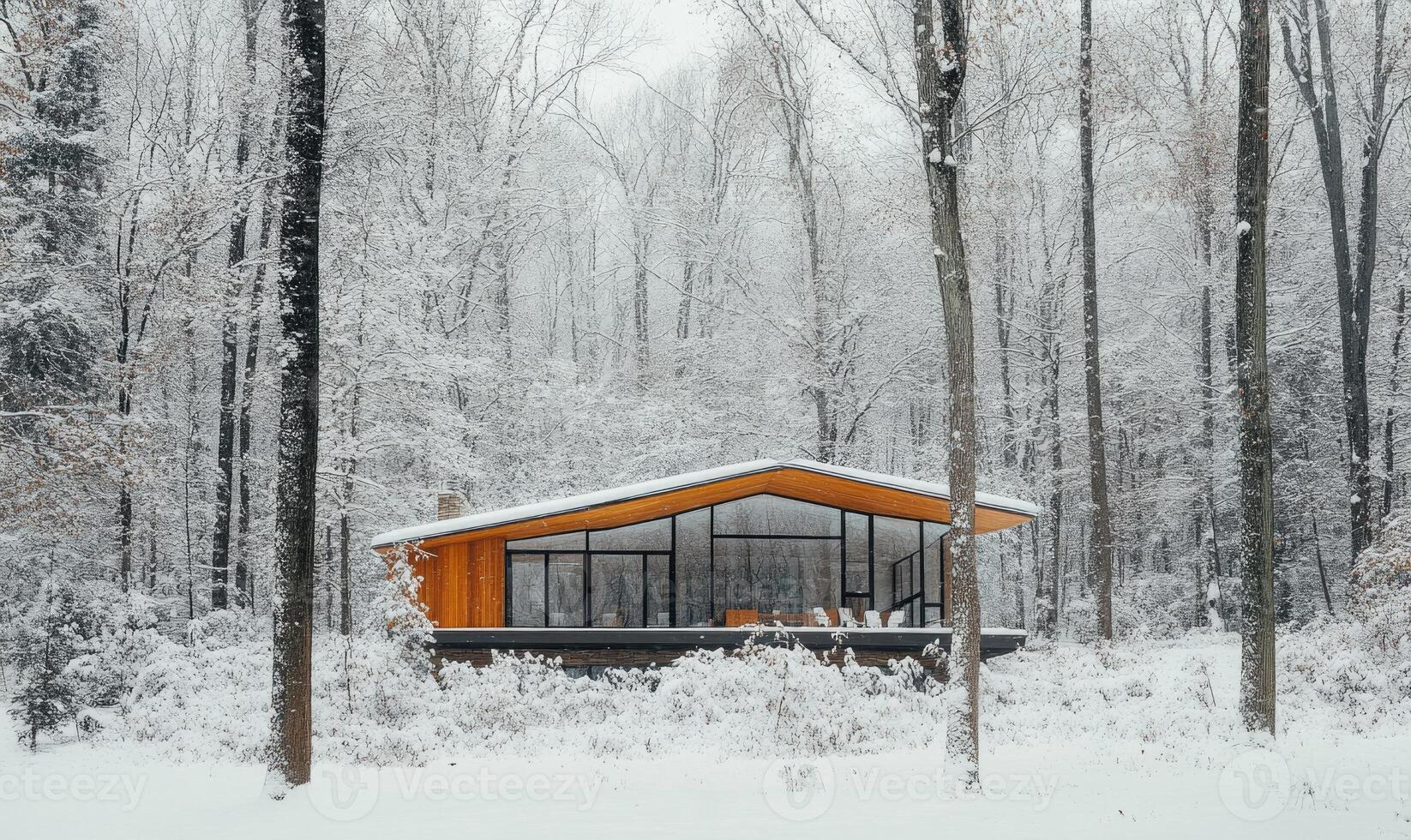 A small house with a slanted roof sits in a snowy forest photo
