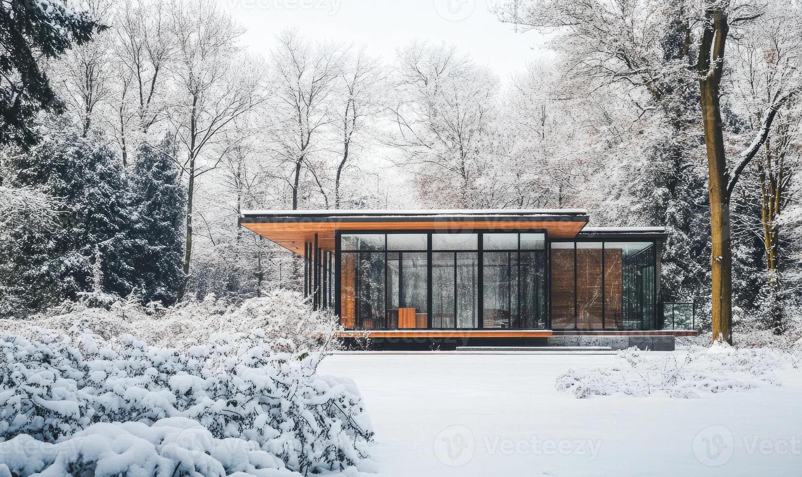 A small house with a large window sits in a snowy field photo