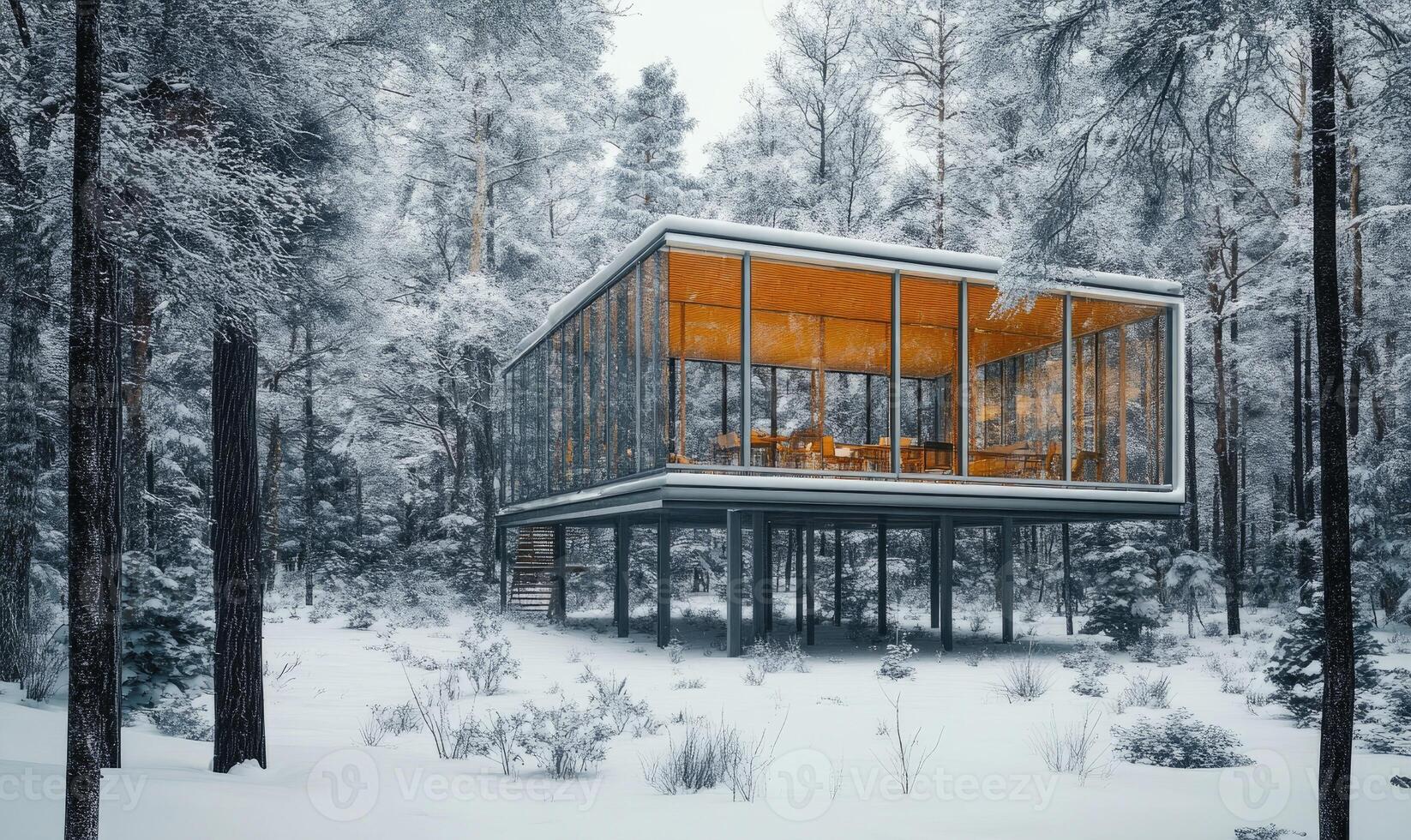 A small house with a lot of glass windows is in a snowy forest photo