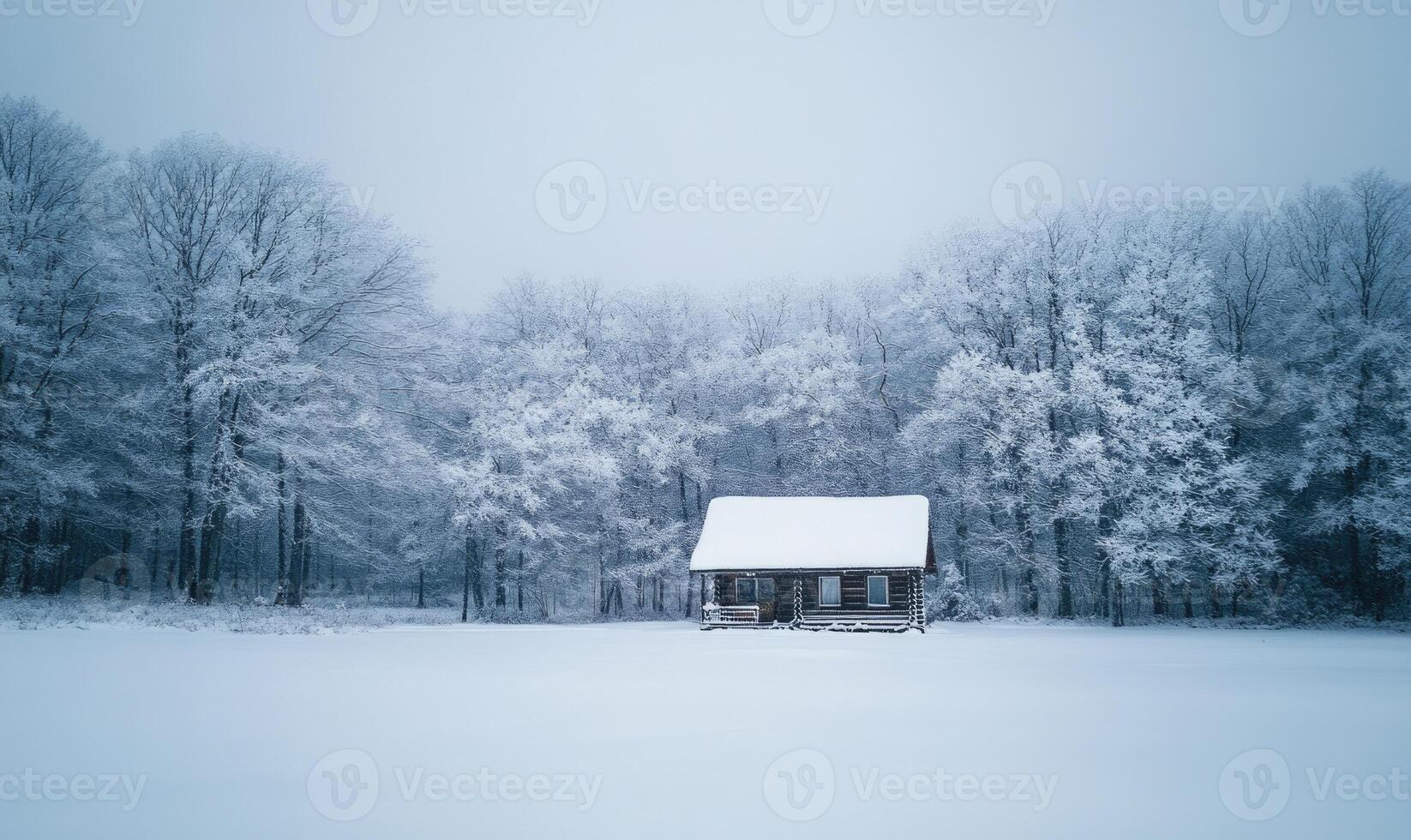 A cabin is in the snow with trees in the background photo