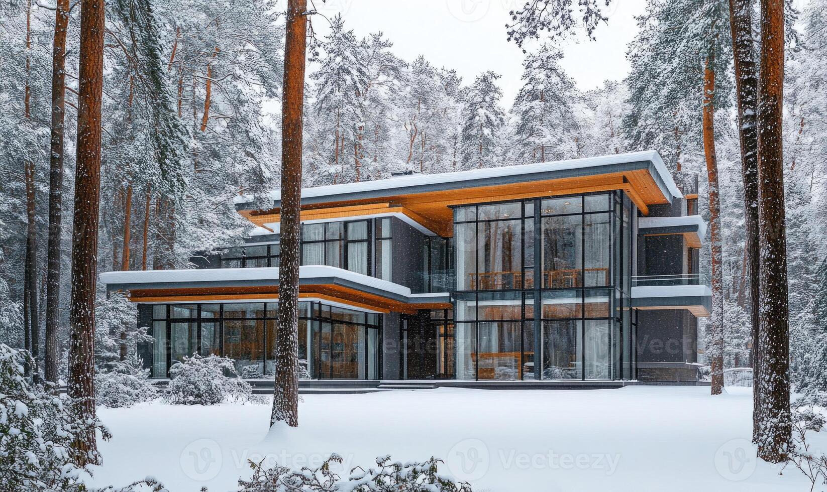 A large house with a lot of windows and a lot of snow on the ground photo