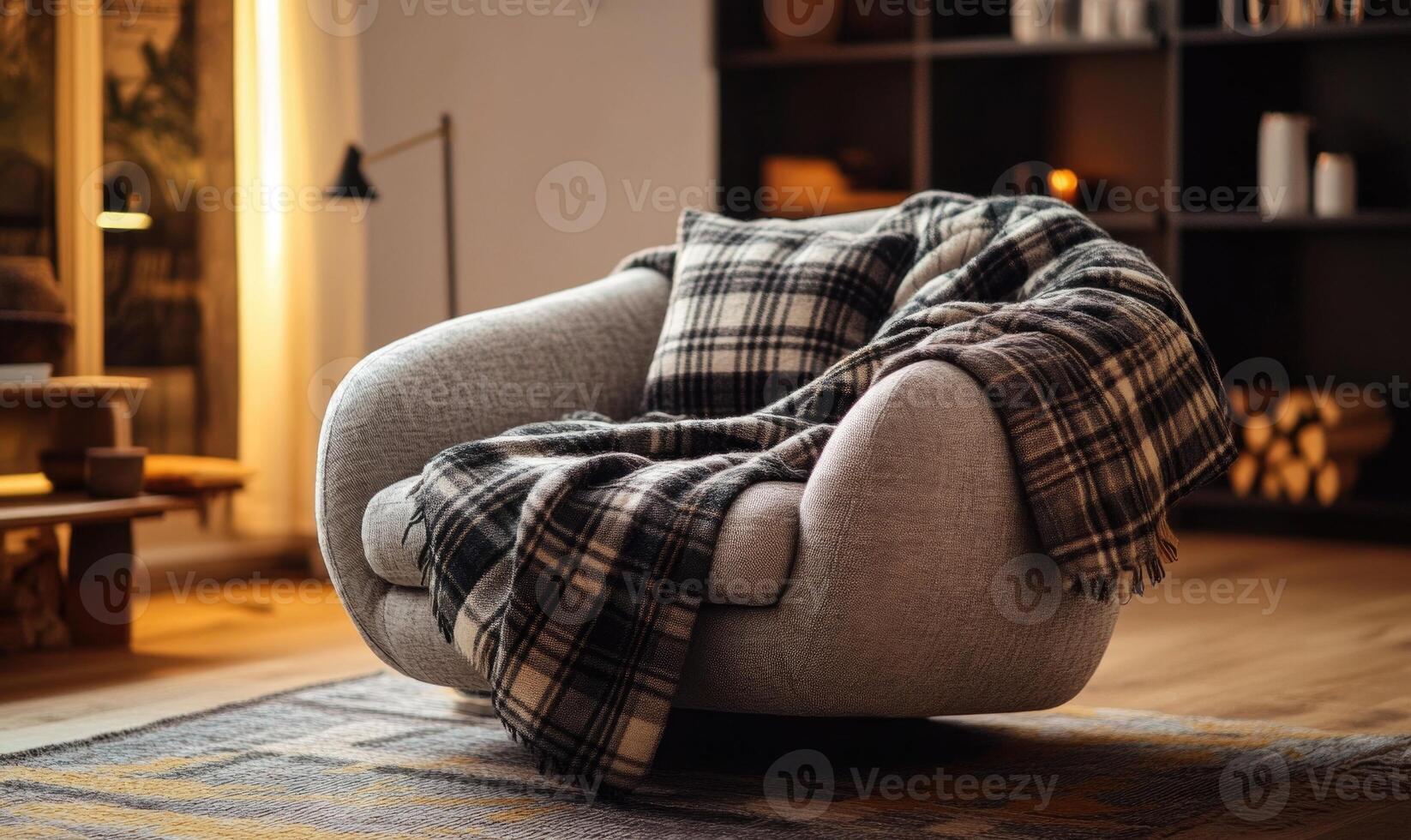 A chair with a plaid blanket draped over it photo