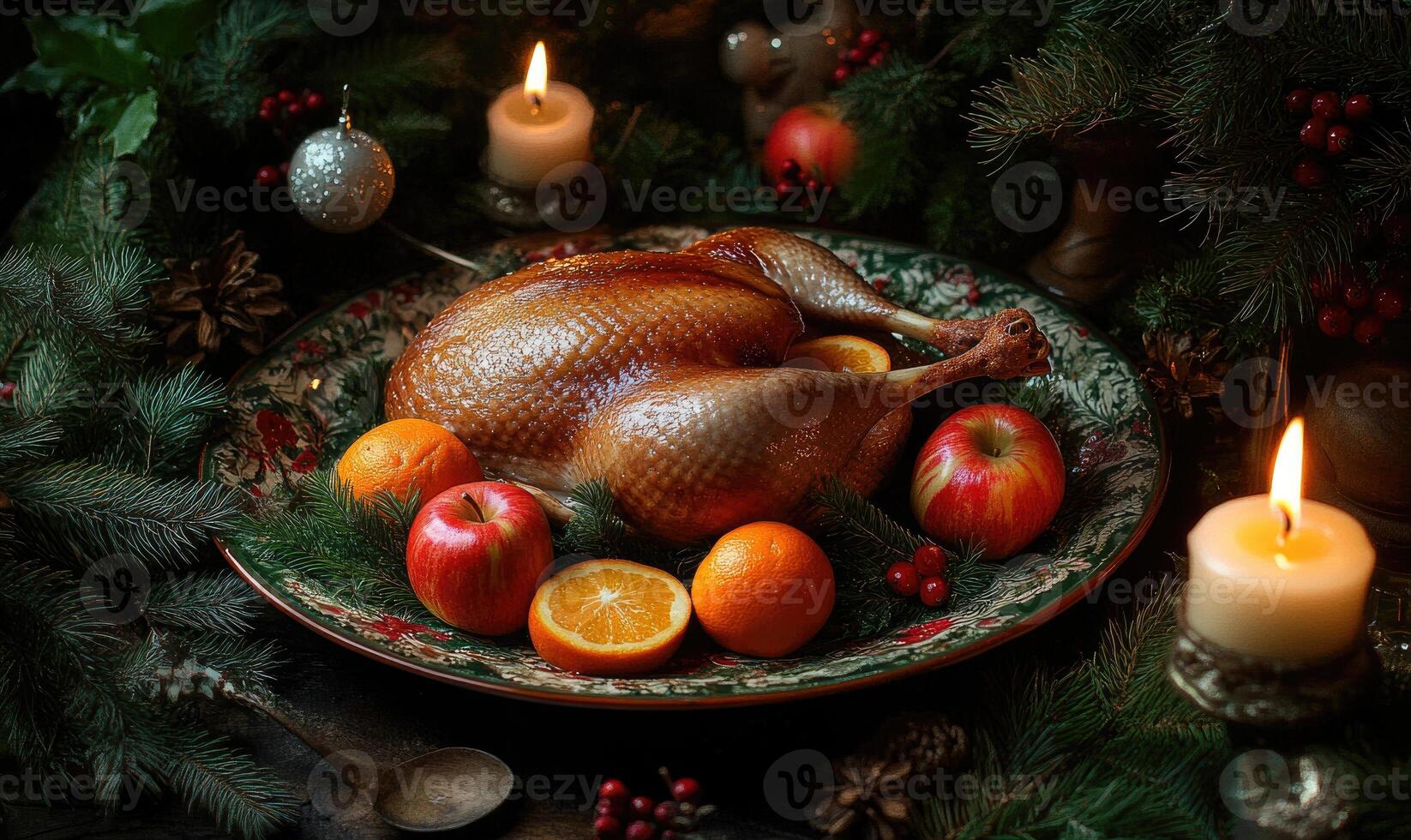 A turkey is surrounded by apples and oranges on a green plate photo