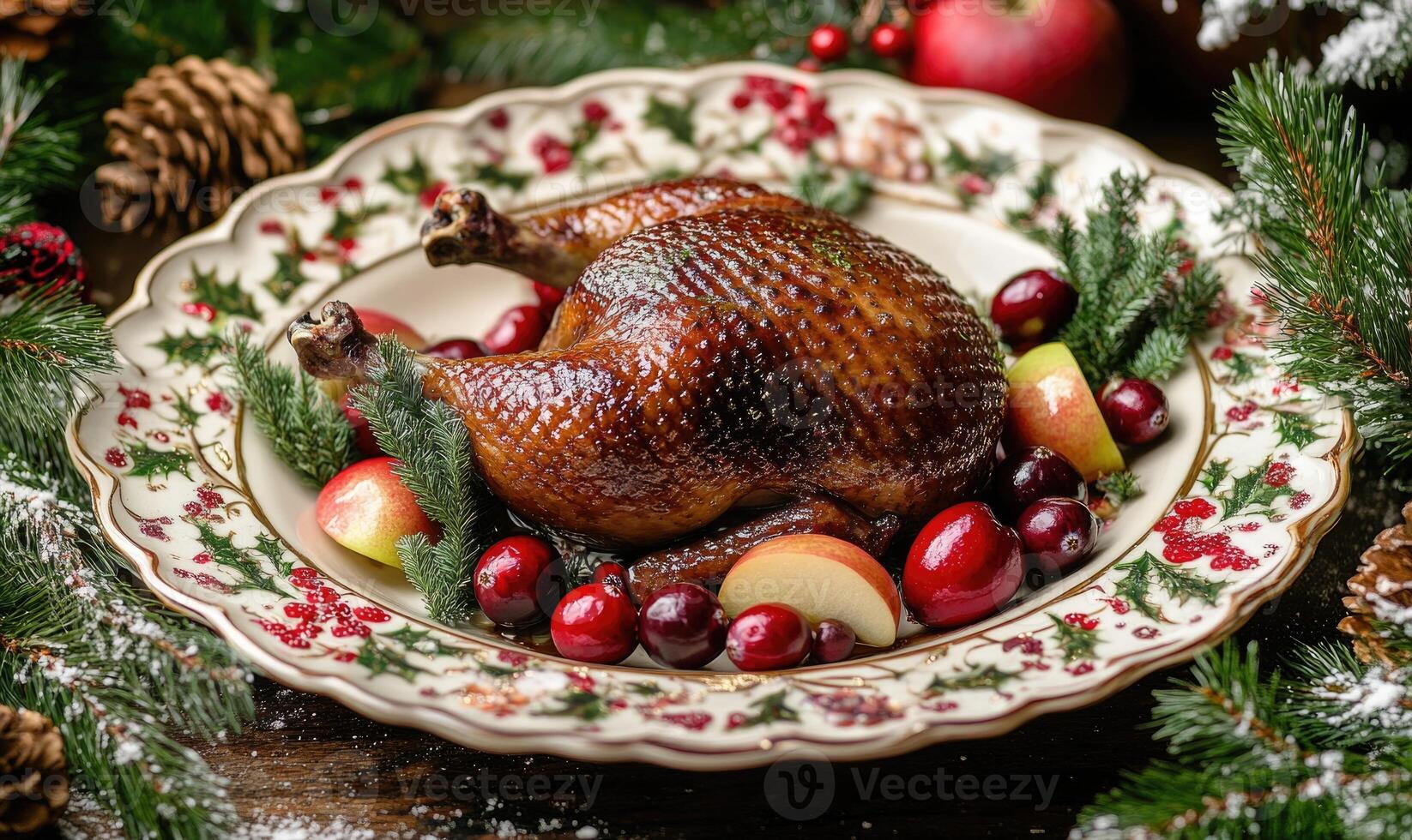 A plate of roasted chicken with cranberries and apples on top photo