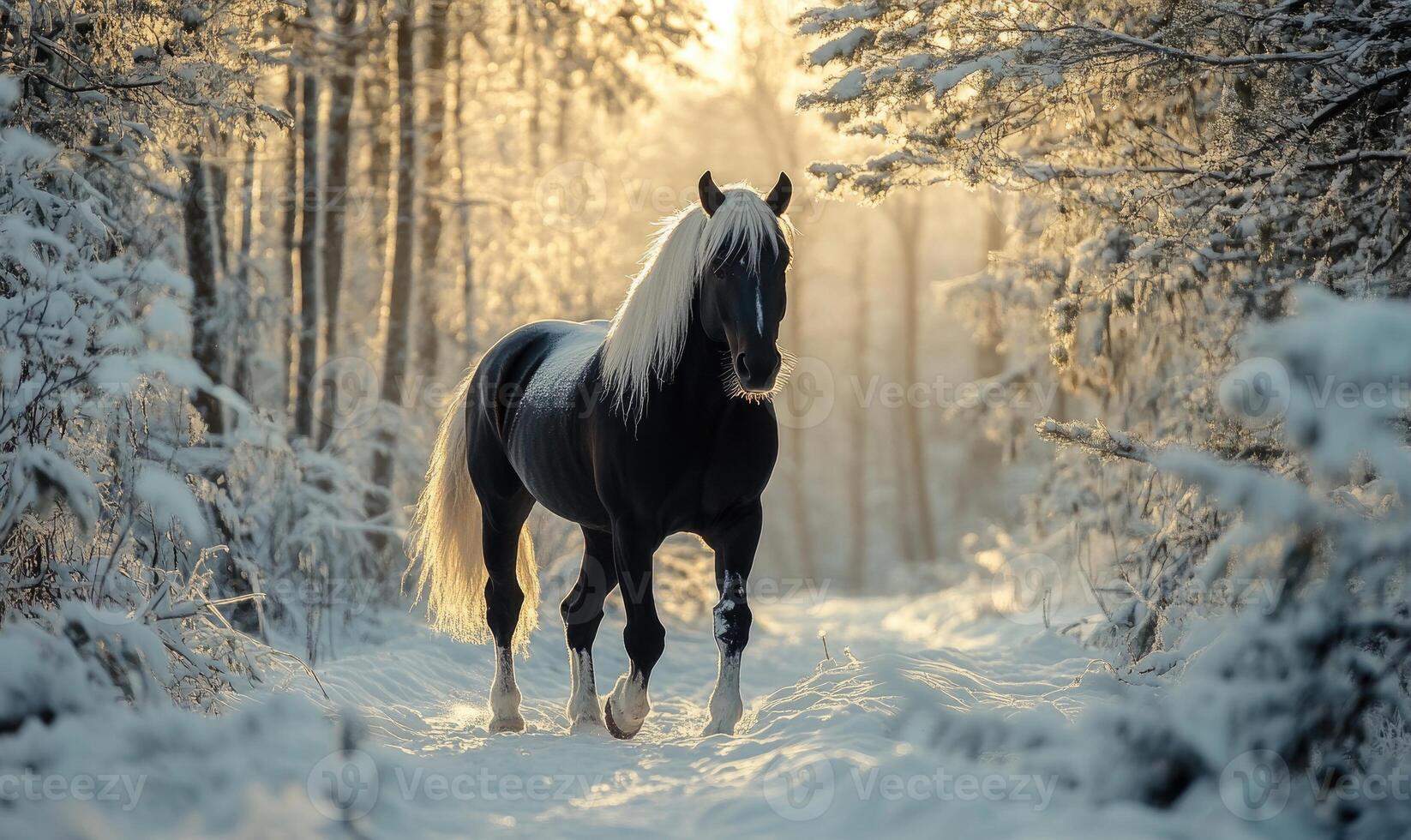 A horse is walking through a snowy forest photo