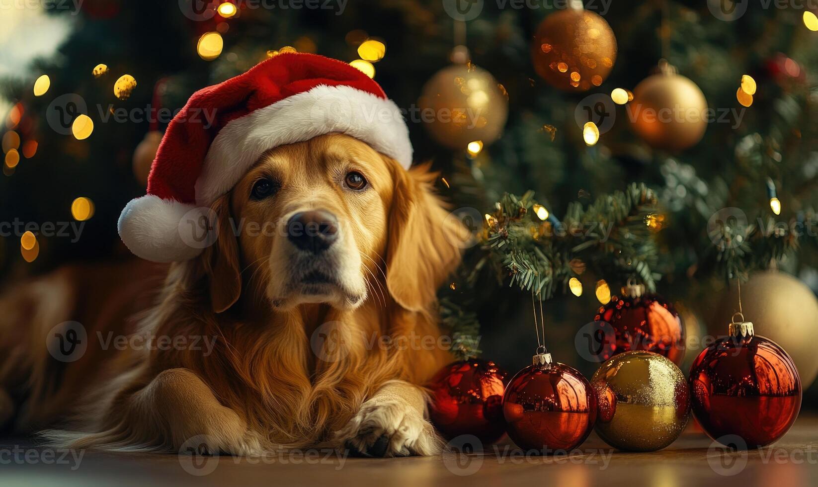 A dog wearing a Santa hat is laying on the floor next to a Christmas tree photo