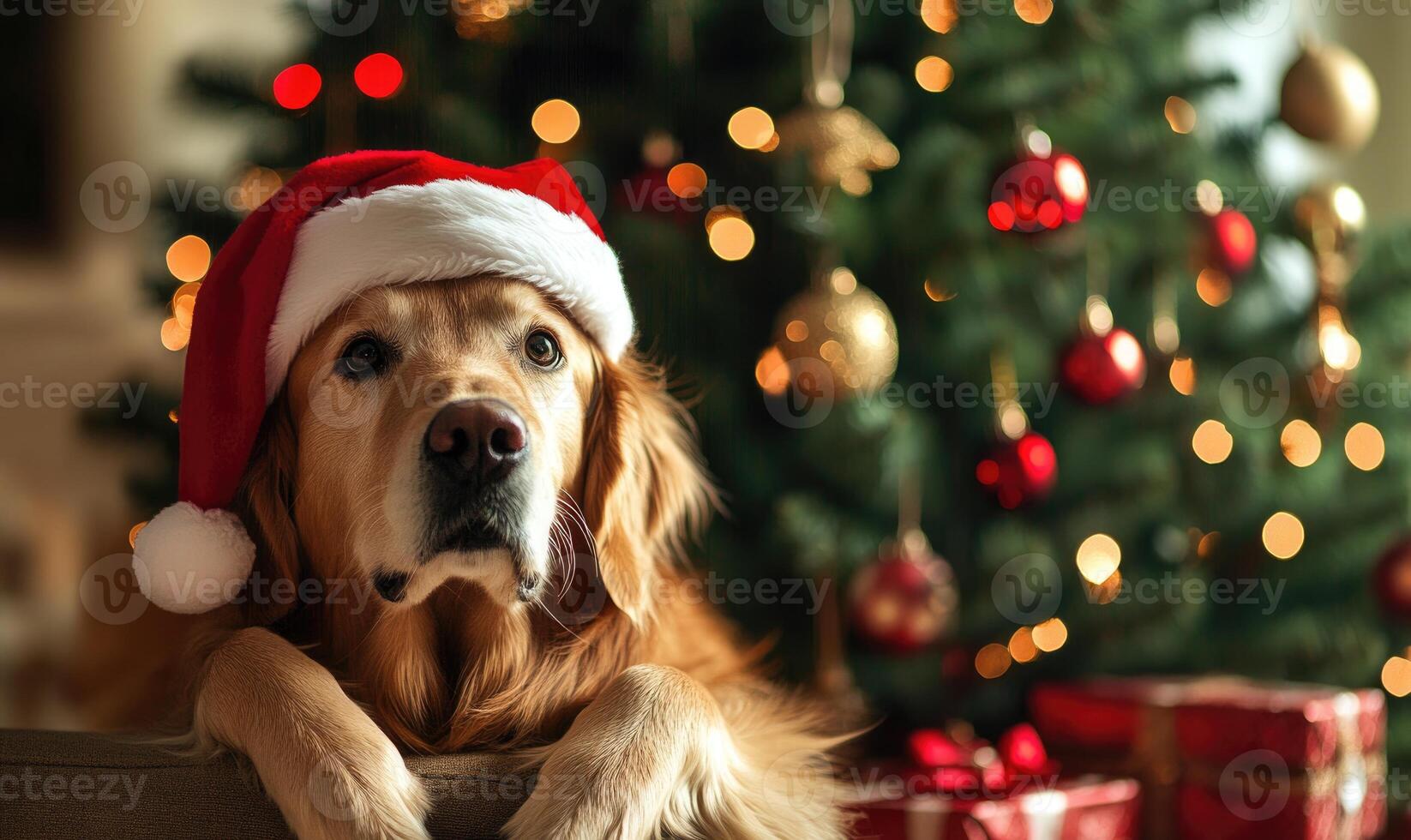 A dog wearing a Santa hat is sitting on a couch next to a Christmas tree photo