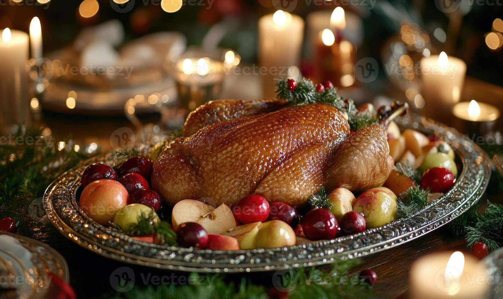 A large turkey is surrounded by apples and cranberries on a silver platter photo