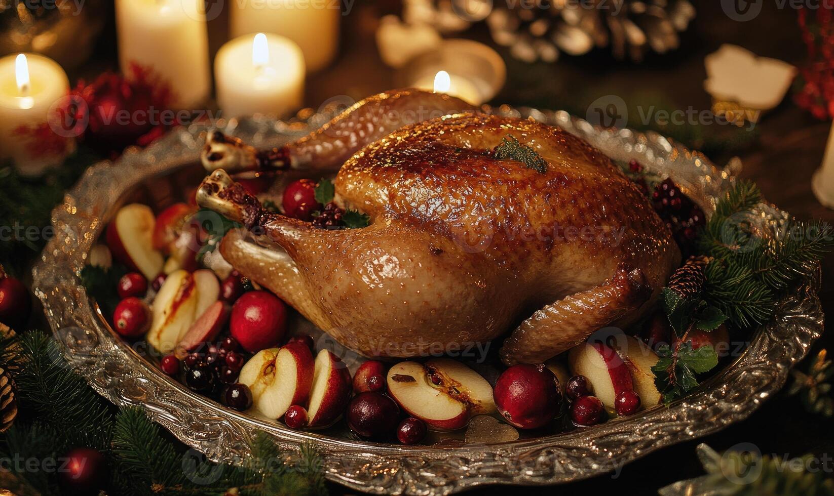 A large roasted turkey is surrounded by apples photo