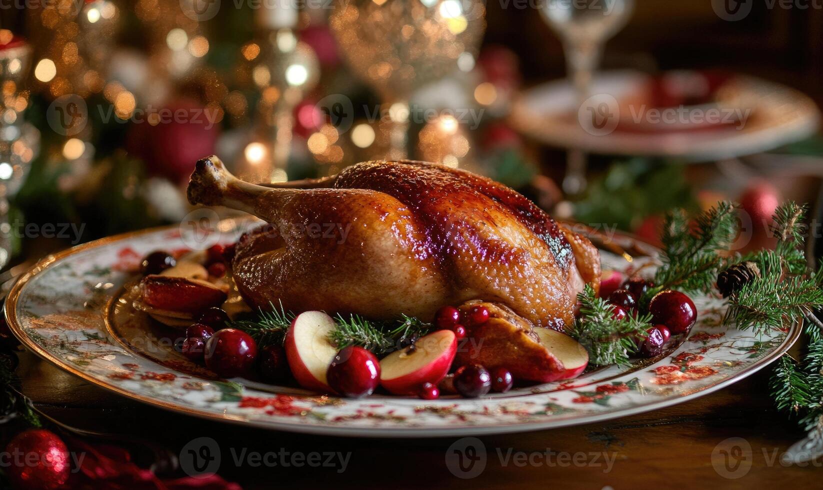 A large roasted chicken is served on a plate with apples and cranberries photo