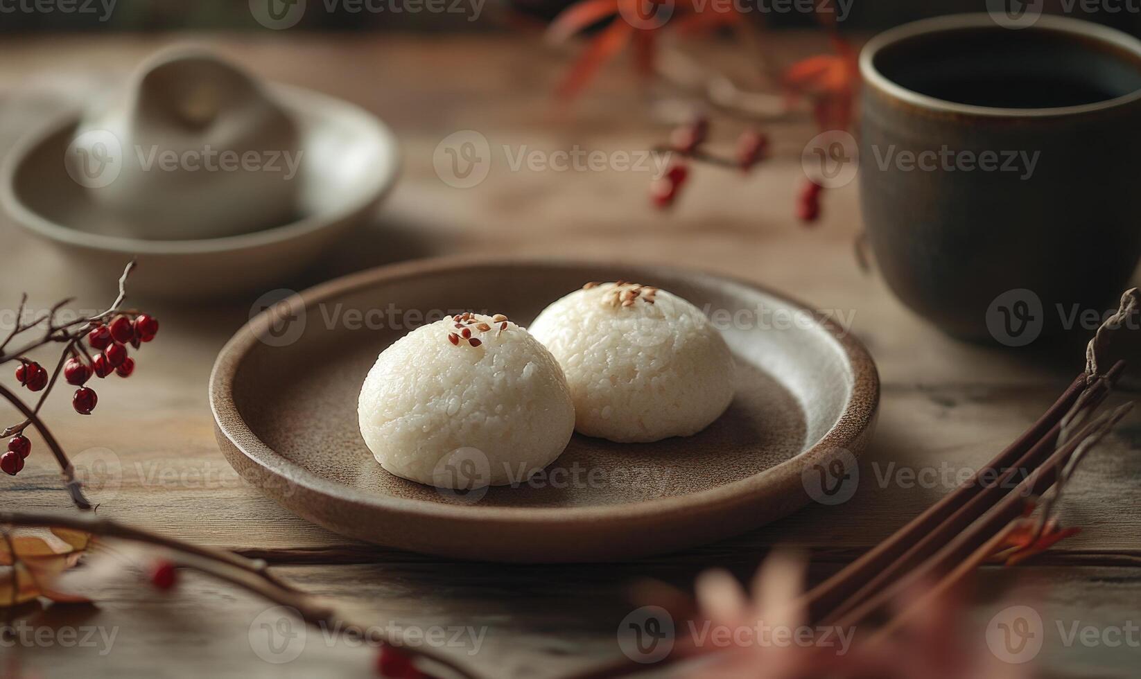 Two small white pastries on a brown plate with a cup of coffee in the background photo