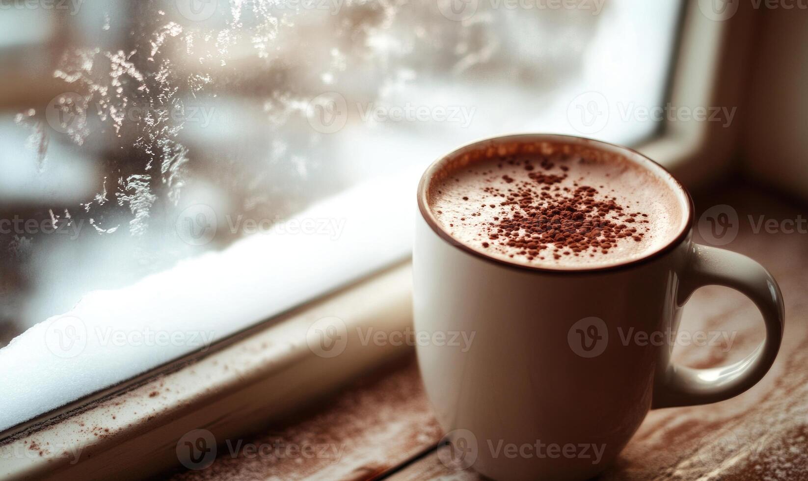 A white coffee mug with chocolate powder on top sits on a wooden table next to a photo