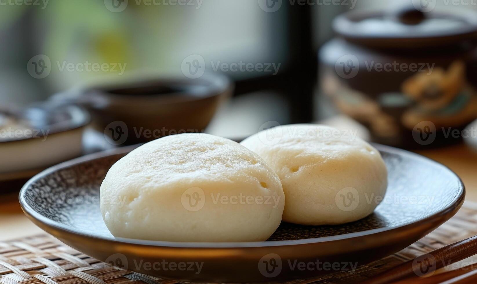 Two pieces of food on a plate with a cup and a bowl in the background photo