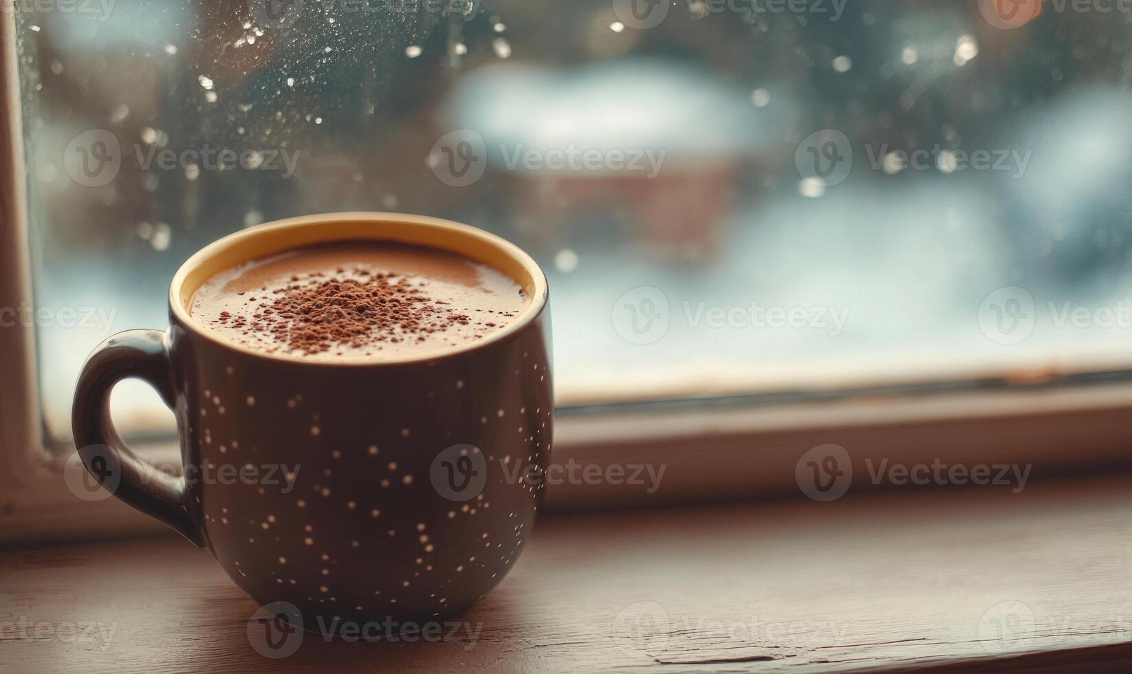 A mug of hot chocolate sits on a windowsill, with a view of snow outside photo