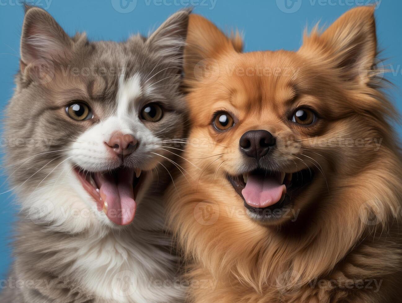 Close-up Portrait of a Cat and Dog with Tongues Out photo