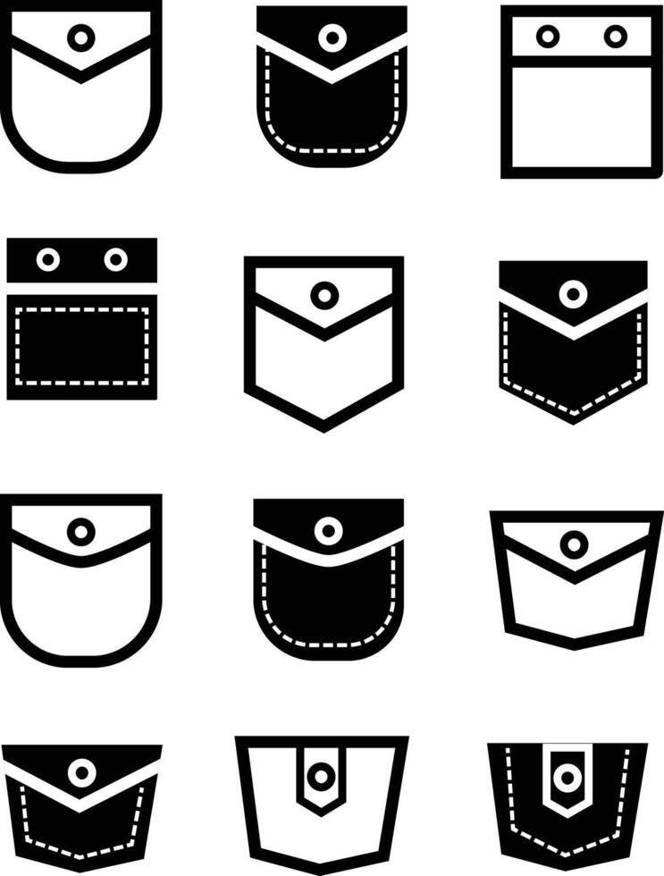 Pocket icon. Textile uniform pockets shapes for clothes bag sign. Uniform clothes pockets patches with seam symbol. Shirt arms pocket logo. flat style. vector
