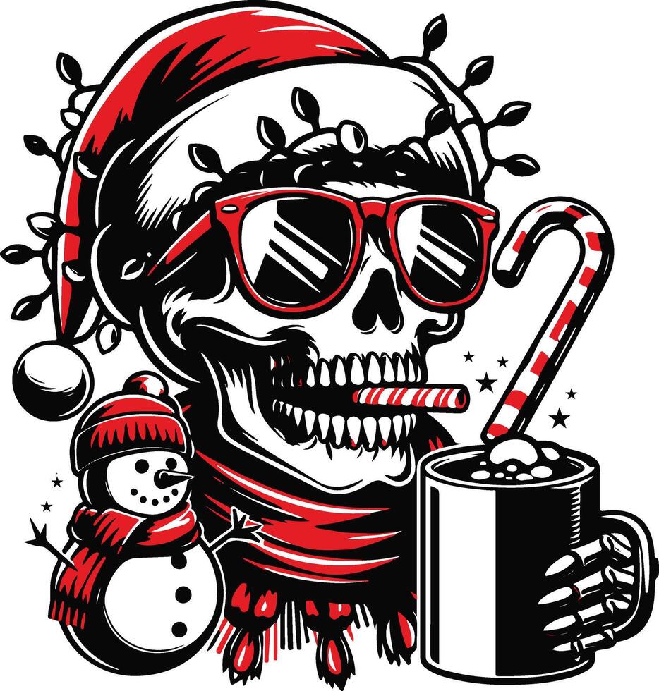 Christmas stock photo of a skull wearing a Santa hat, red scarf, sunglasses, and coffee vector