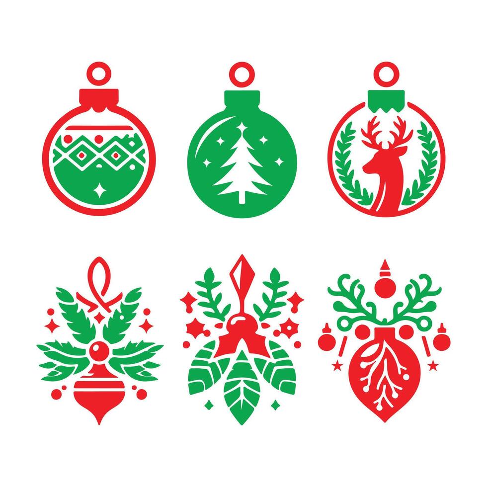 Set of red and green Christmas ornaments with holiday motifs and decorations vector