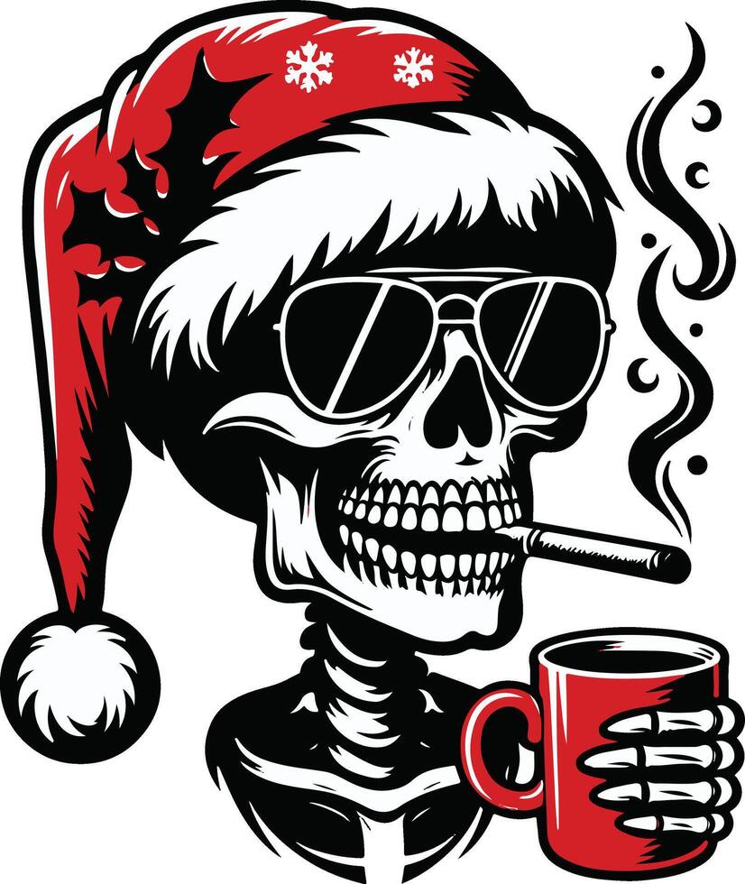 Christmas Skull with Santa Hat Smoking - Alternative Holiday Design vector