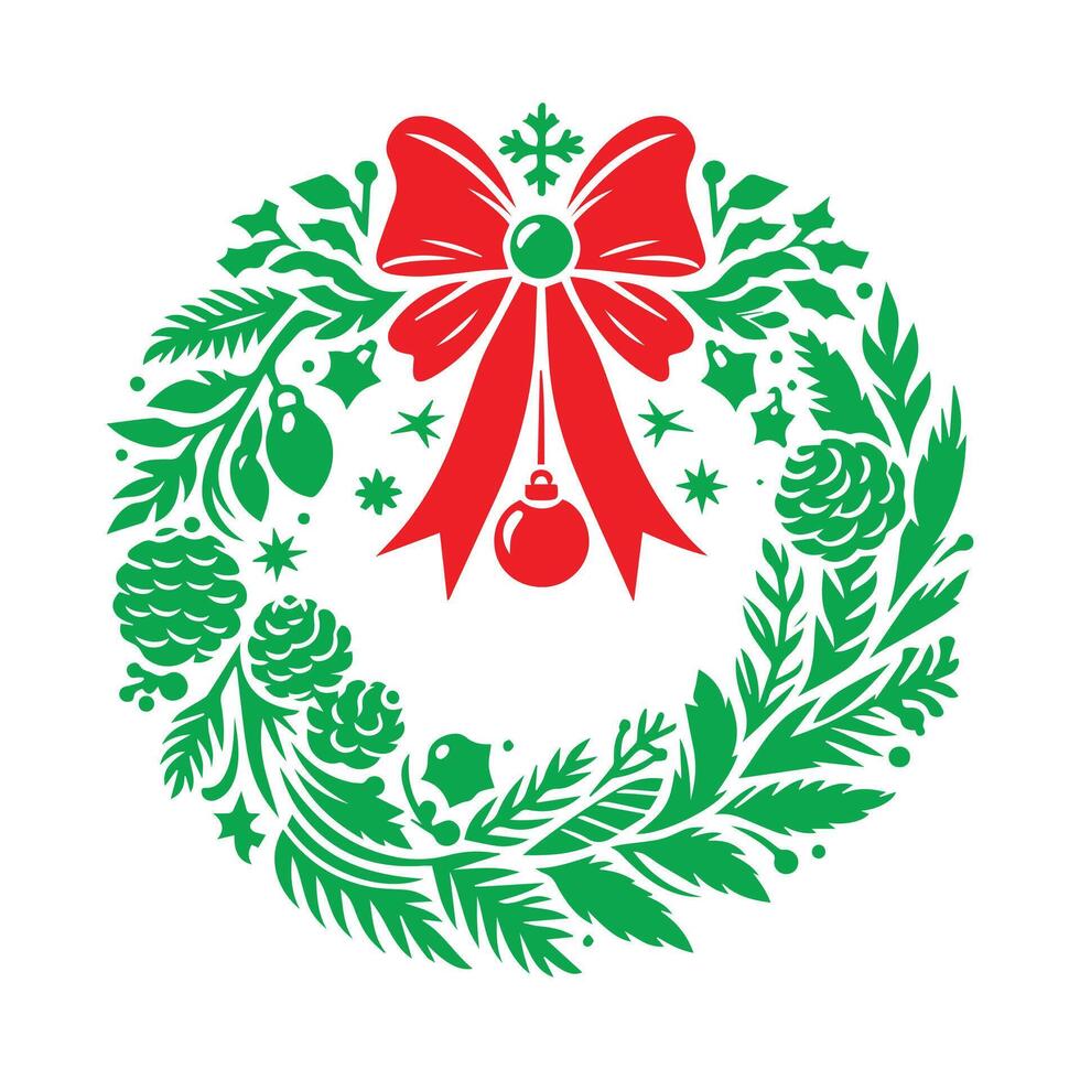 Christmas wreath illustration with red bow and baubles vector