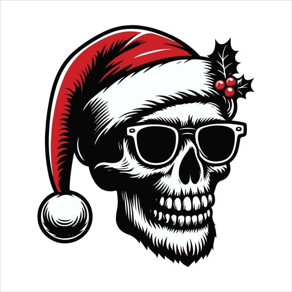 Stylized Skull Santa with Sunglasses and Holiday Flair vector