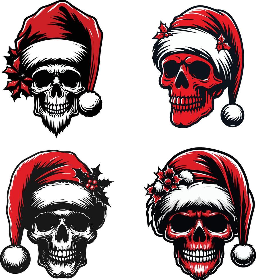 Christmas skull in witch hats in various spooky poses, Set of isolated realistic decorations illustration vector