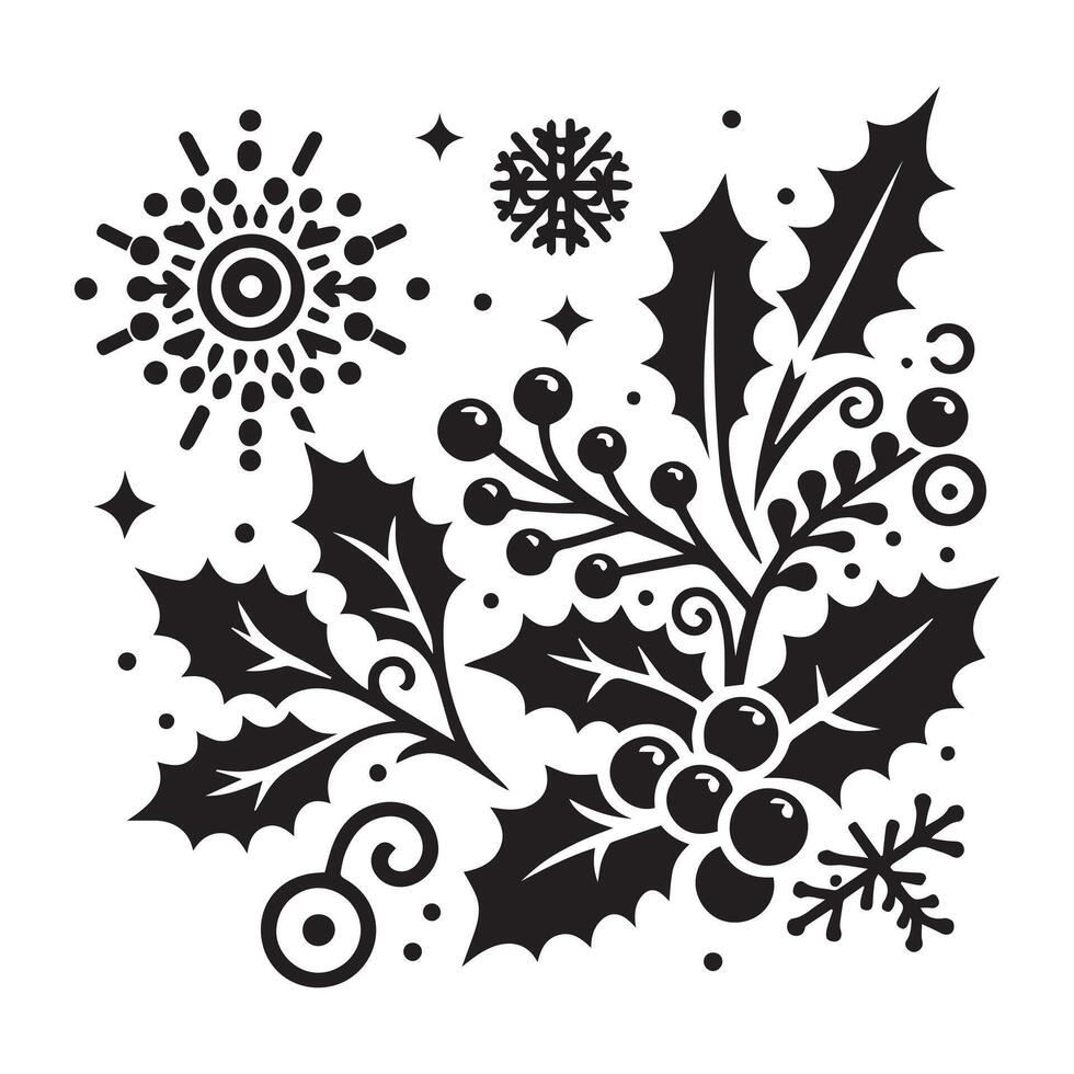 Christmas holly bouquet berries leaf Clipart Set Silhouette Black Happy New Year ornaments vector