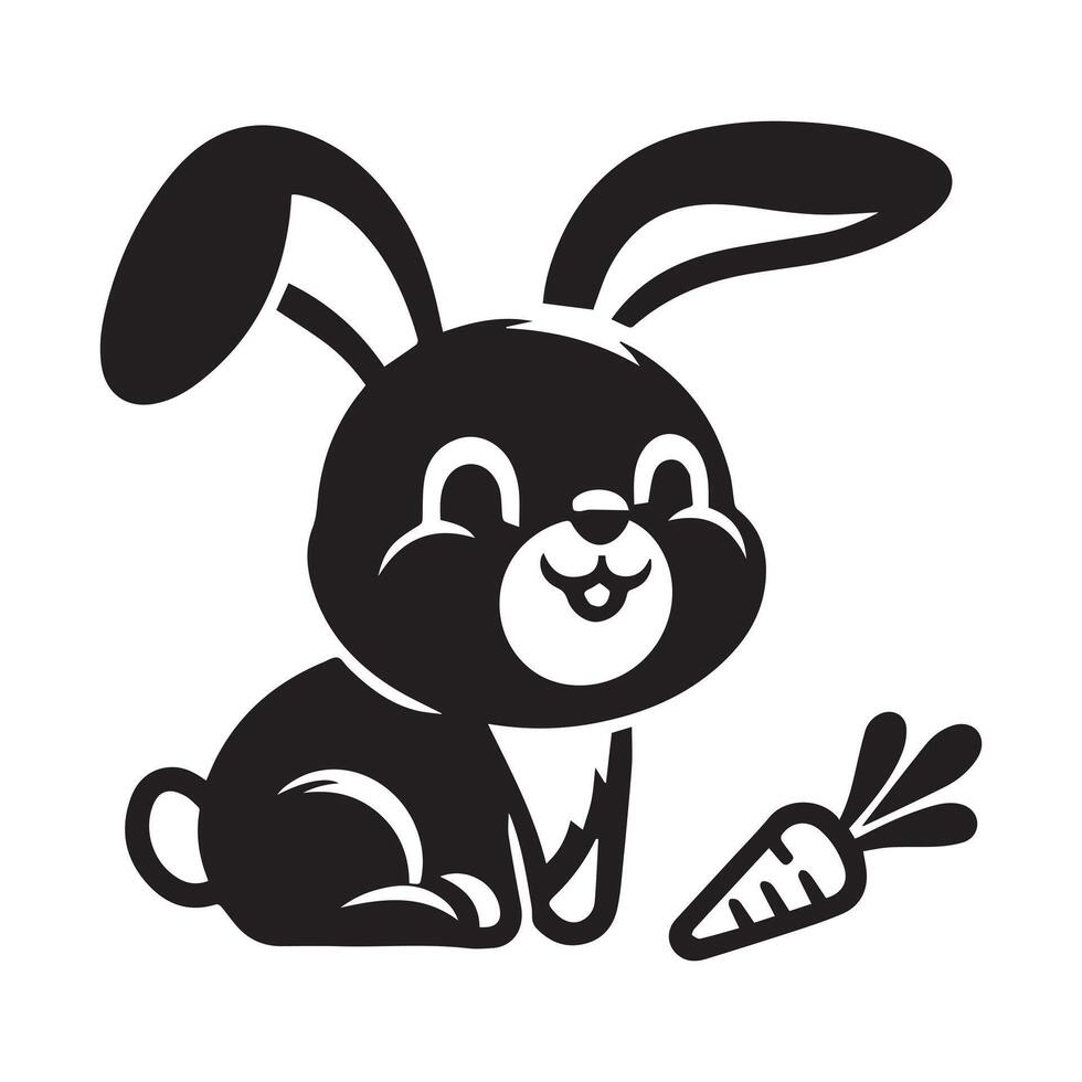 Black silhouette Cute rabbit Charming Cartoon Bunny with Butterfly and Carrot vector