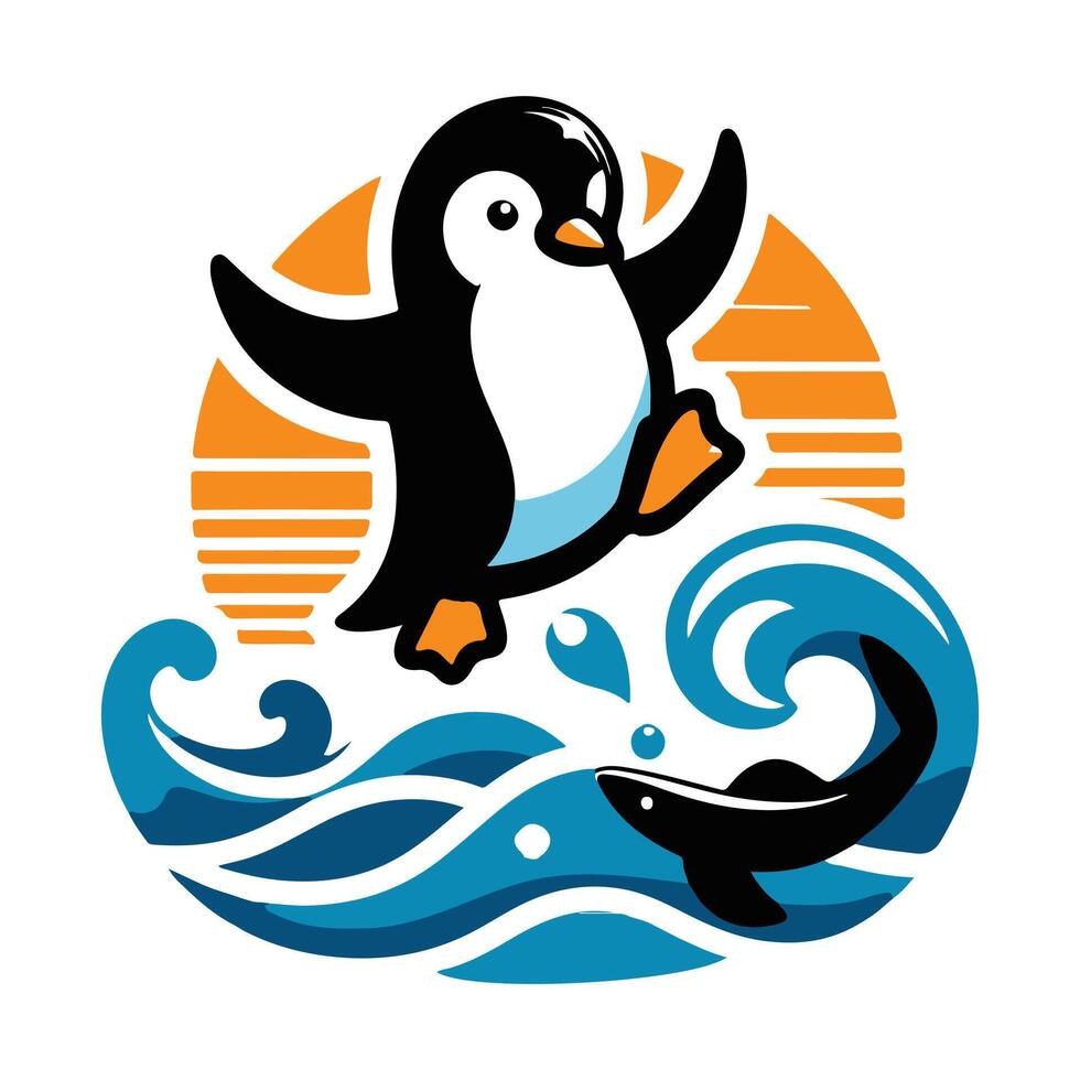 A penguin jumping over waves and a shark vector