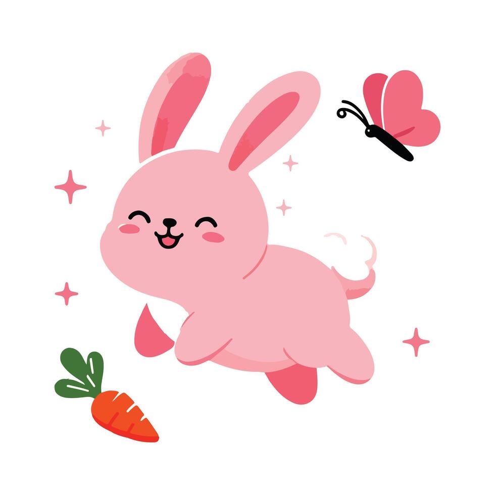 Colorful Adorable Rabbit with Butterfly and Carrot Illustration vector