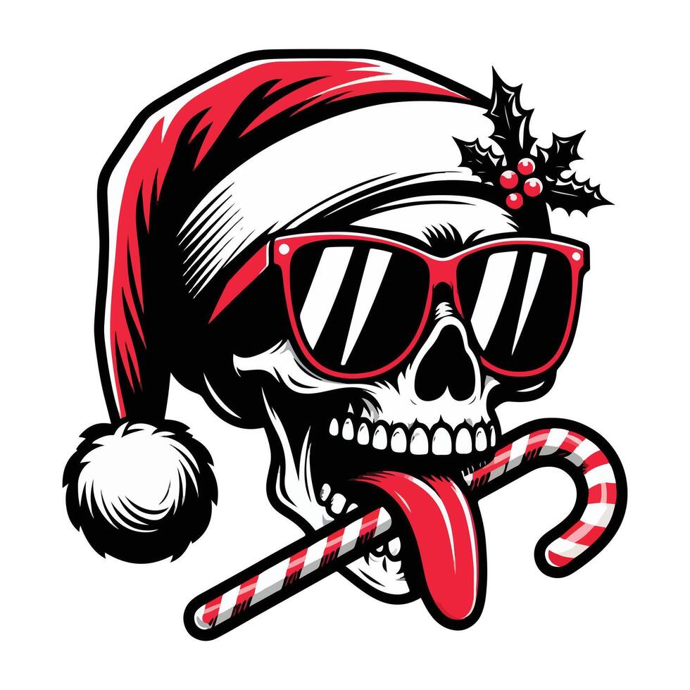 Edgy skull illustration wearing sunglasses and a Santa hat, holding candy canes, surrounded by Christmas lights in a festive theme. vector