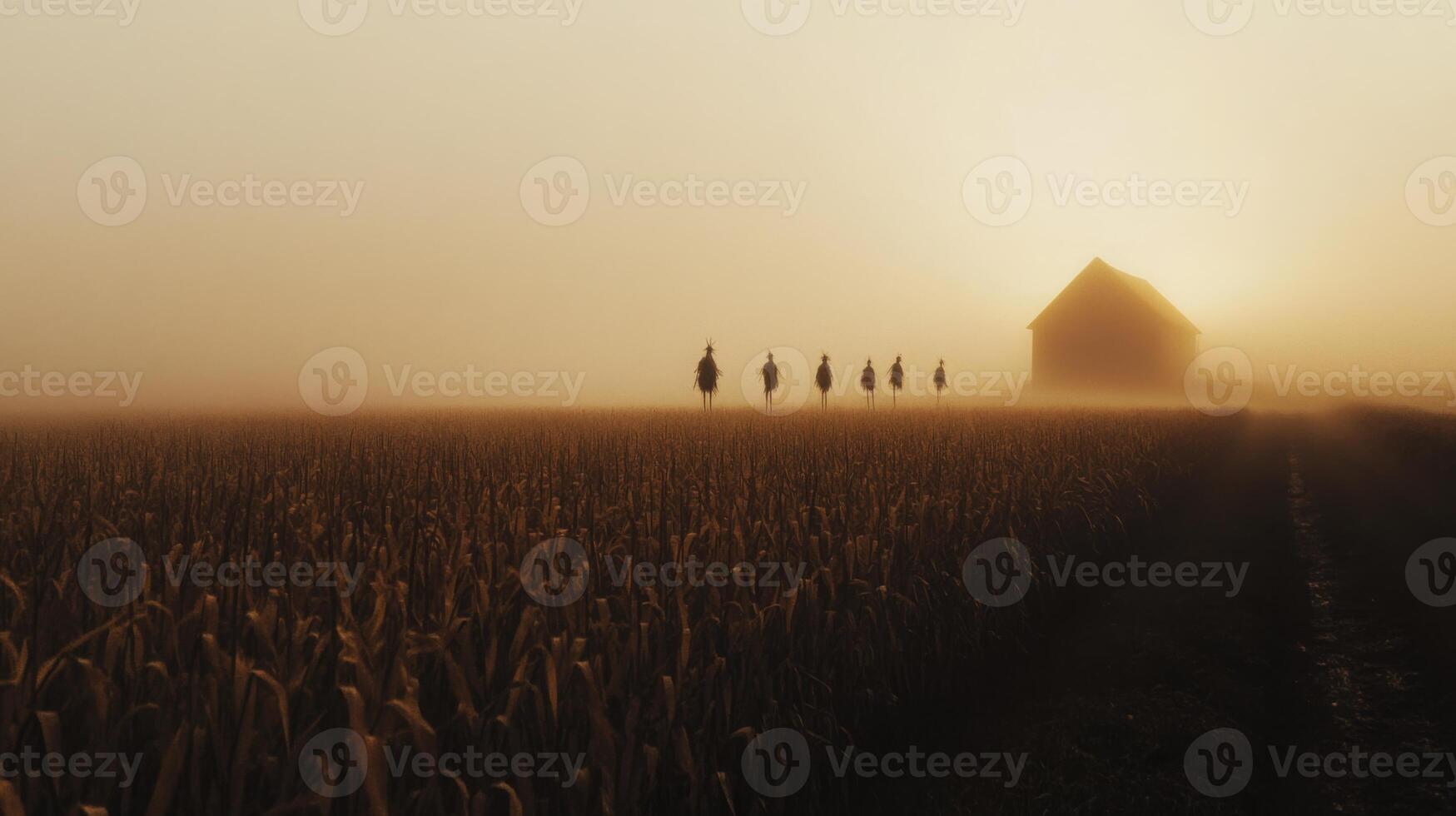 In the early morning fog, five riders on horseback traverse a field, approaching a tranquil farmhouse. The soft light filters through the mist, creating a serene and peaceful atmosphere. photo