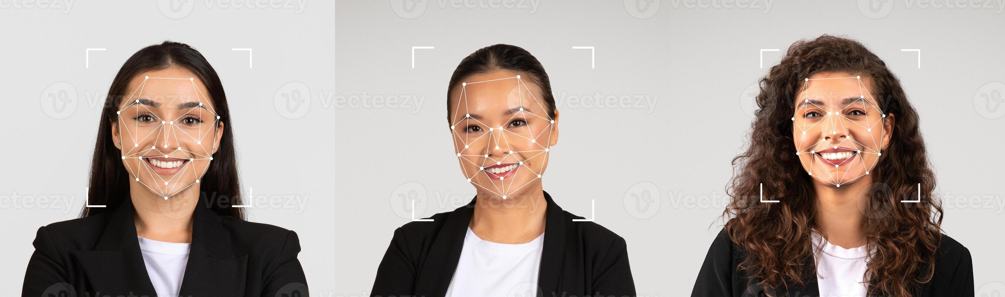 Three women are smiling while wearing professional outfits. The setting features a neutral background, and their faces are highlighted with facial recognition overlays. photo