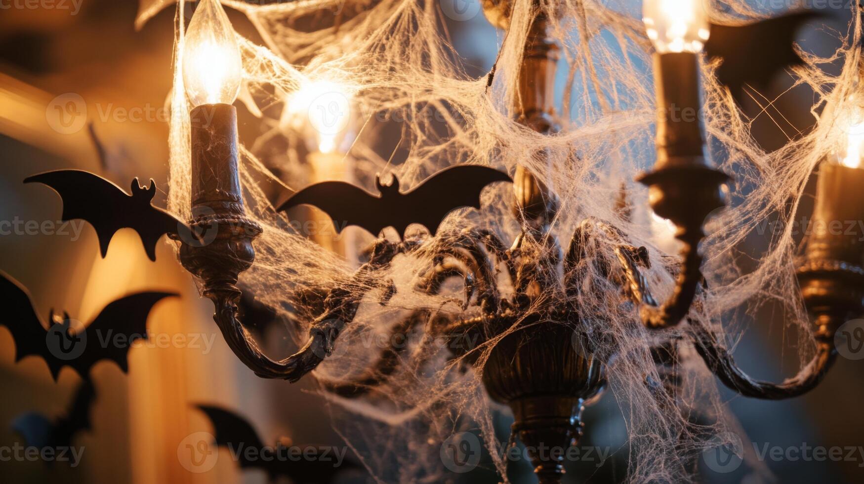 The chandelier is dramatically decorated with black bats and wispy cobwebs, casting a spooky atmosphere as the warm glow of lights enhances the eerie elegance, perfect for a Halloween gathering. photo