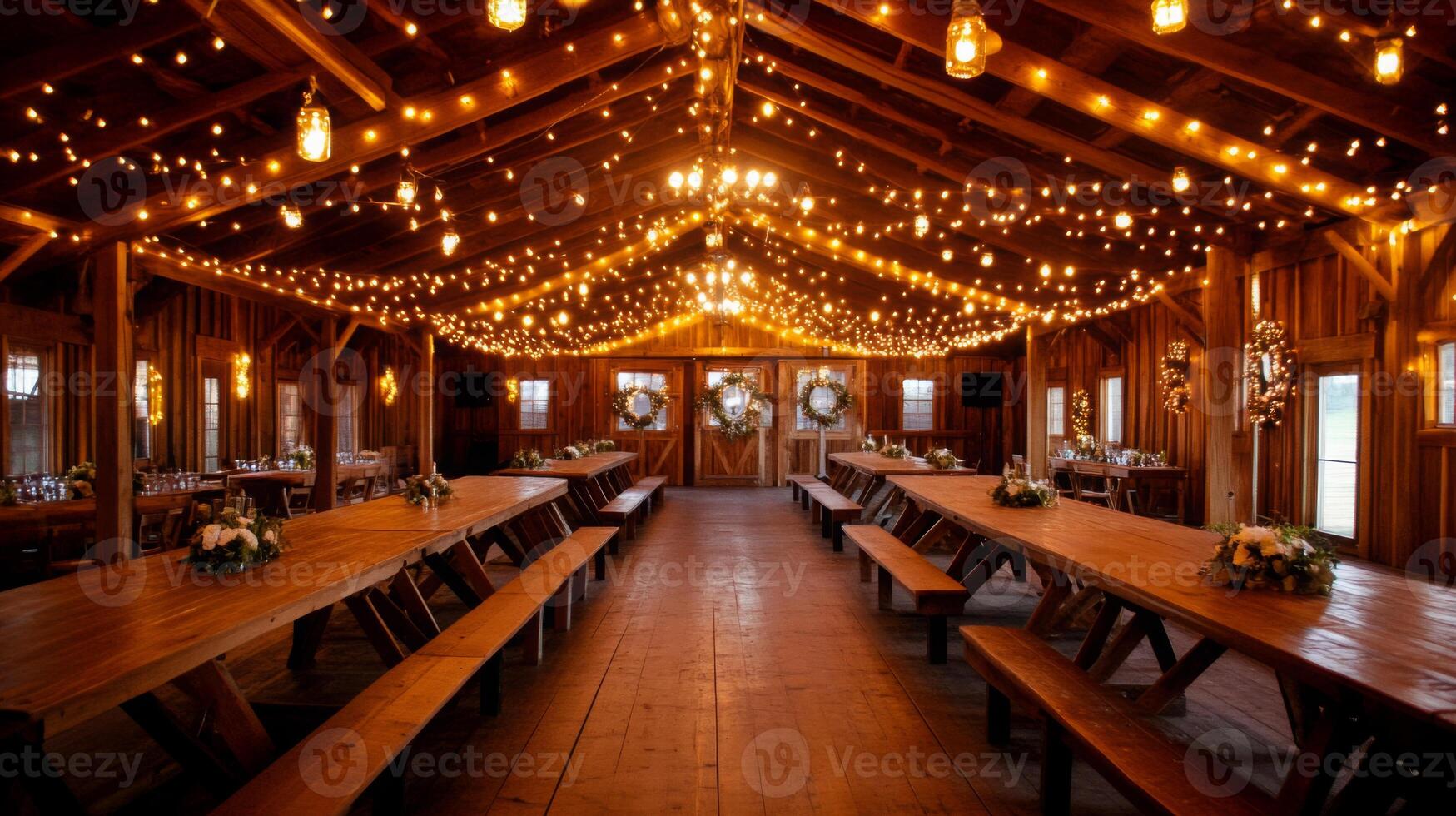A beautifully decorated barn features long wooden tables and warm string lights illuminating the space for a festive occasion. photo